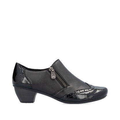 Rieker 41757-00 Black Block Heels with Zip & Patent Toe