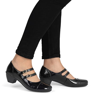 Rieker 41758-00 Black Patent Block Heel Mary Jane Shoes