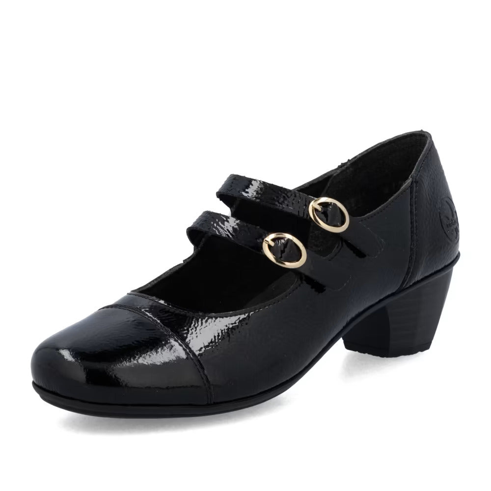 Rieker 41758-00 Black Patent Block Heel Mary Jane Shoes