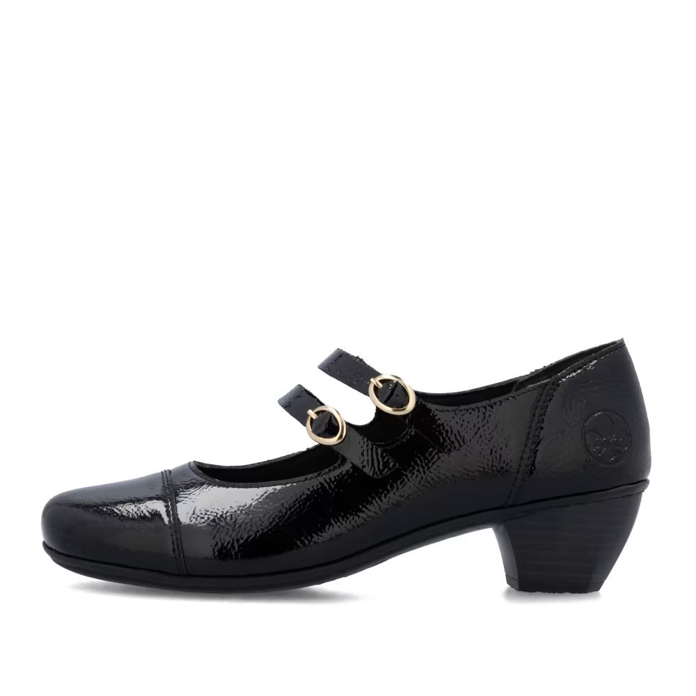 Rieker 41758-00 Black Patent Block Heel Mary Jane Shoes