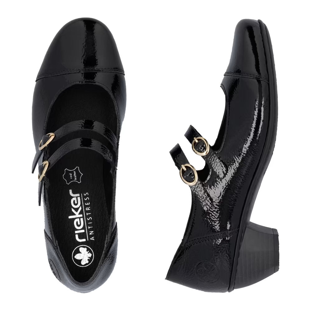 Rieker 41758-00 Black Patent Block Heel Mary Jane Shoes