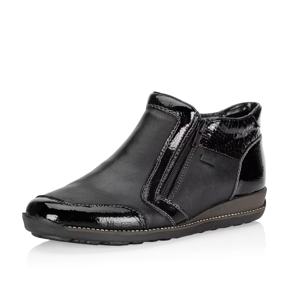 Rieker TEX 44278-00 Black Patent 2 Zip Ankle Boots