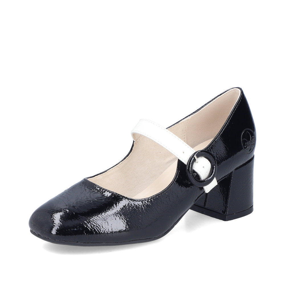 Rieker 44752-00 Black & Cream Block Heel Mary Jane Shoes