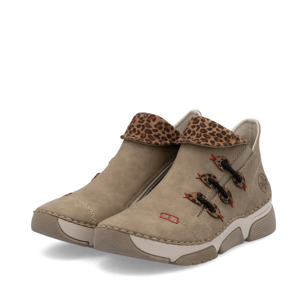 Rieker 45983-64 Beige Ankle Boots with Leopard Trim