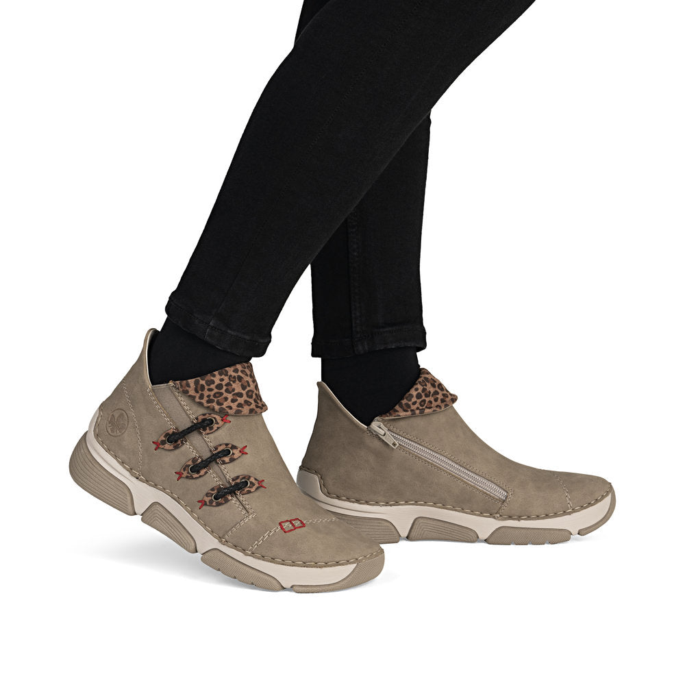 Rieker 45983-64 Beige Ankle Boots with Leopard Trim