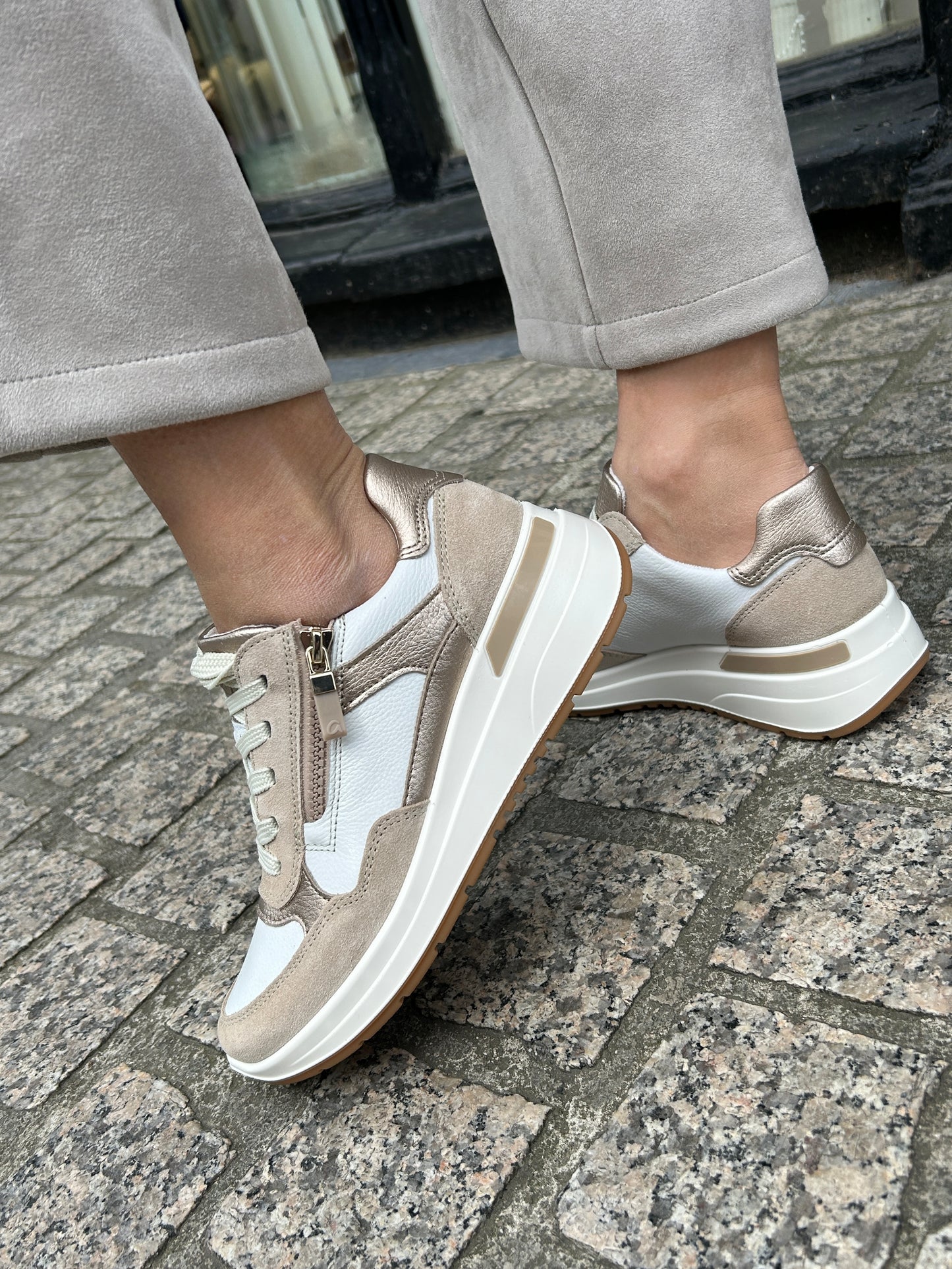 Ara 12-57702 25 Garda H Fit Beige, White & Gold Mix Sneakers with Zip