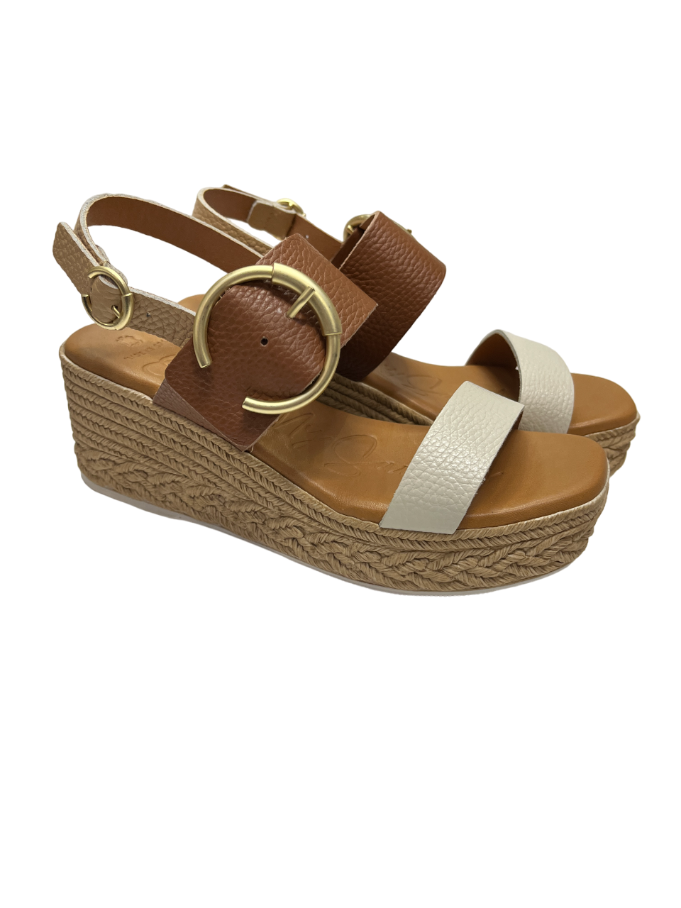 Oh My Sandals 5455 Tan & Cream Buckle Doya Camel Combi Sandals