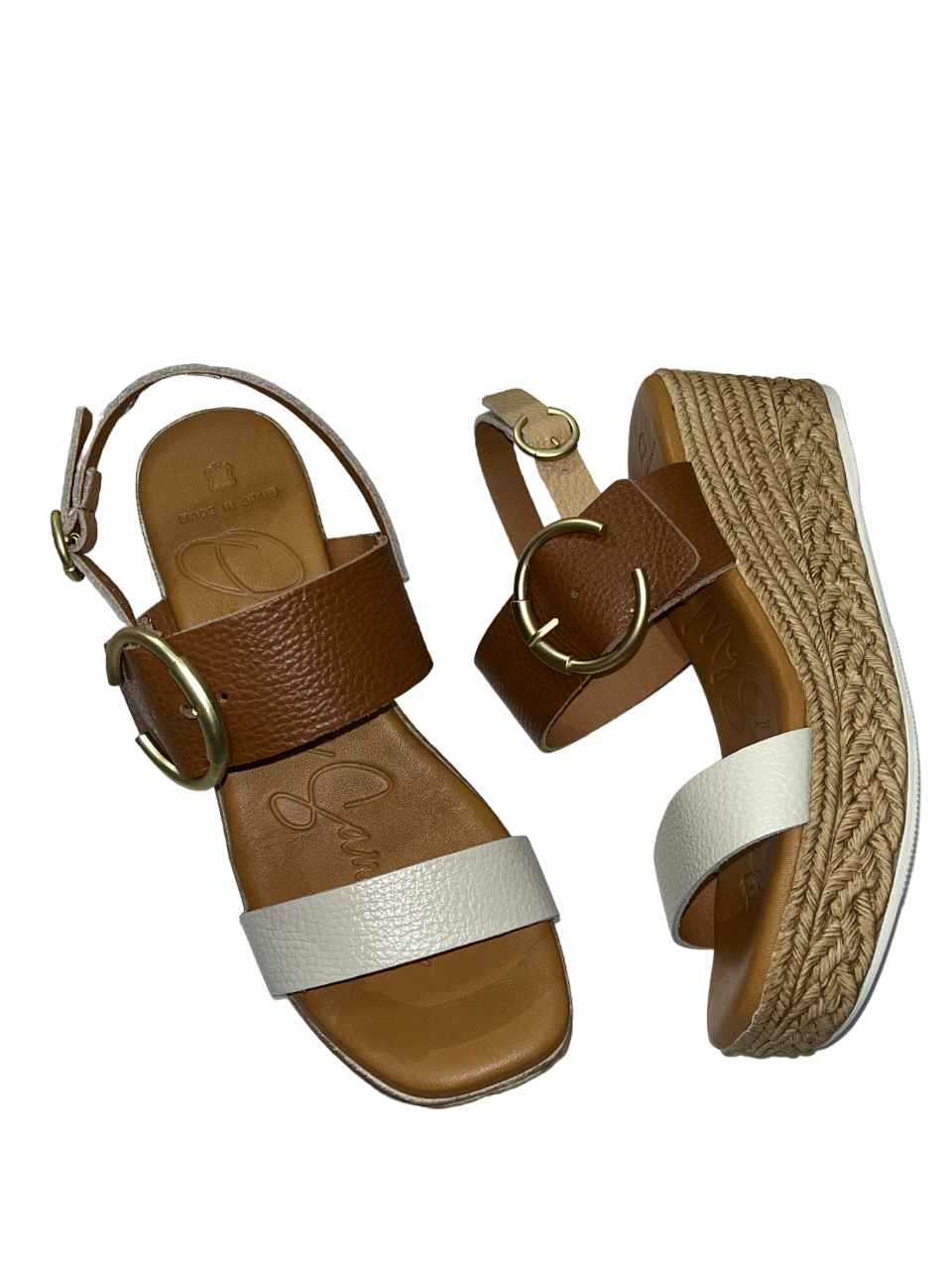 Oh My Sandals 5455 Tan & Cream Buckle Doya Camel Combi Sandals