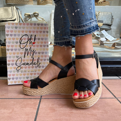 Oh My Sandals 5460 Black Twist Wedge Sandals