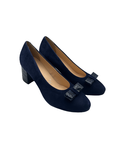 Bioeco by ARKA 5856 1217+2307 Navy Suede Court Shoes with Bow & Detailed Heel