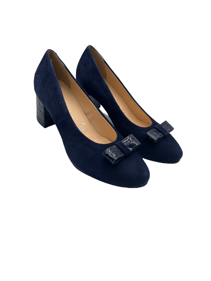 Bioeco by ARKA 5856 1217+2307 Navy Suede Court Shoes with Bow & Detailed Heel