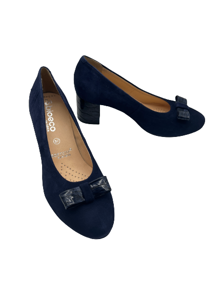 Bioeco by ARKA 5856 1217+2307 Navy Suede Court Shoes with Bow & Detailed Heel