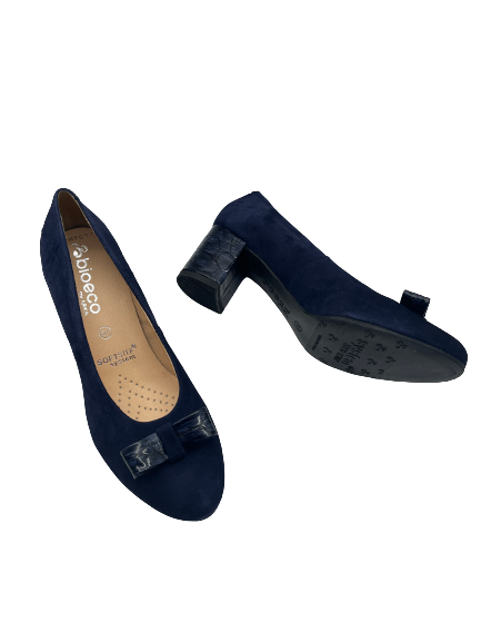Bioeco by ARKA 5856 1217+2307 Navy Suede Court Shoes with Bow & Detailed Heel