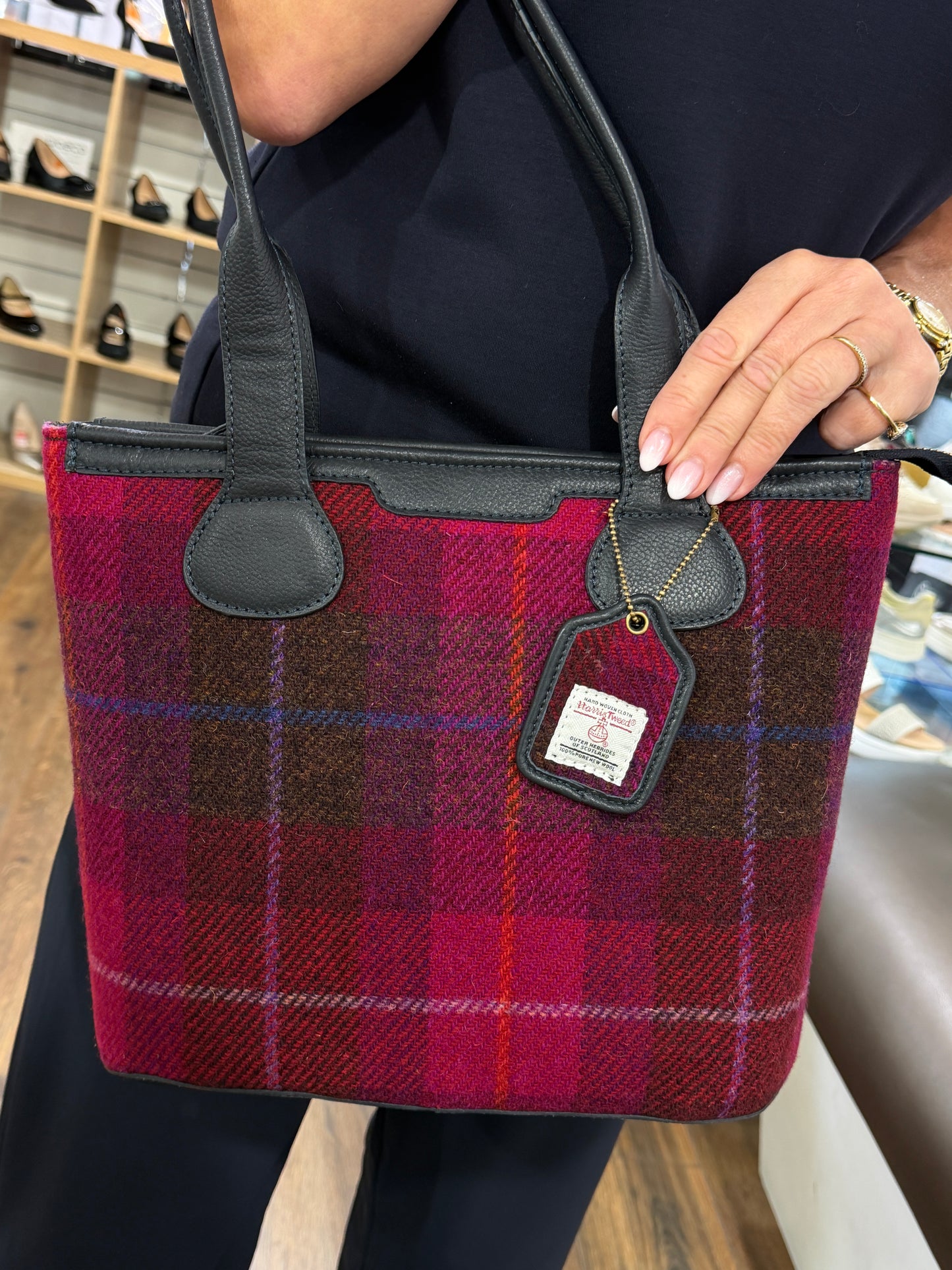 Ashwood Leather TW-23 06-Navy/Pink Leather/Tweed Large Shopper Bag