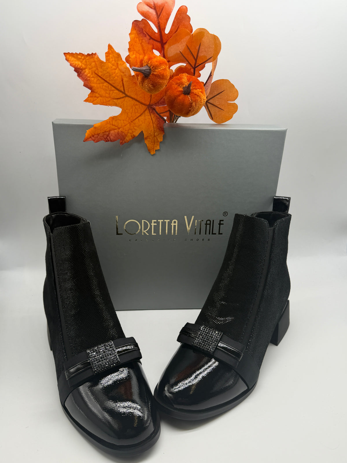 Loretta Vitale C96103 Black Shimmer Ankle Boots with Bow Front