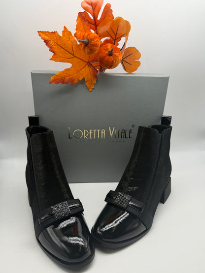 Loretta Vitale C96103 Black Shimmer Ankle Boots with Bow Front