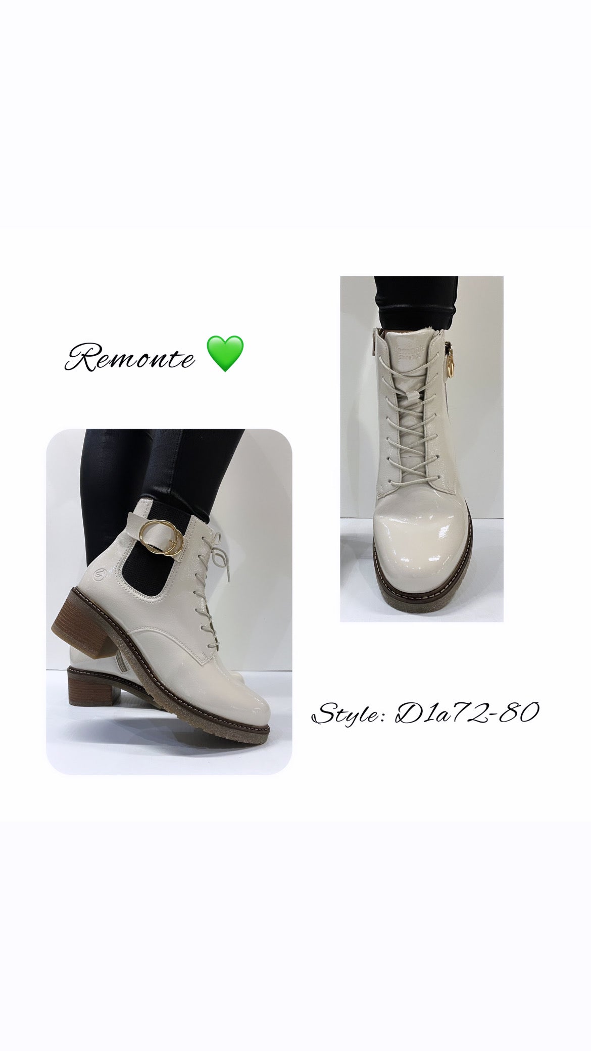 Remonte D1A72-80 Off White Patent Combi Boots with Block Heel mop