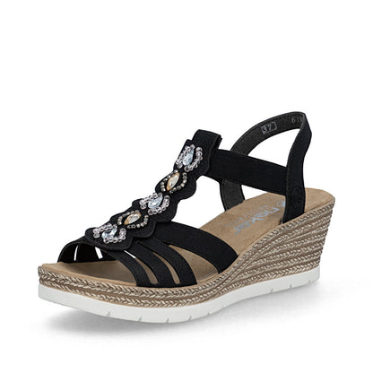 Rieker 619B2-00 Black F 1/2 Fit Wedge Slingback Sandals