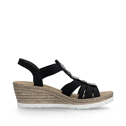 Rieker 619B2-00 Black F 1/2 Fit Wedge Slingback Sandals