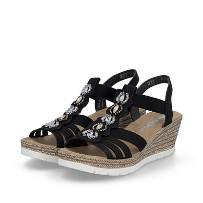 Rieker 619B2-00 Black F 1/2 Fit Wedge Slingback Sandals