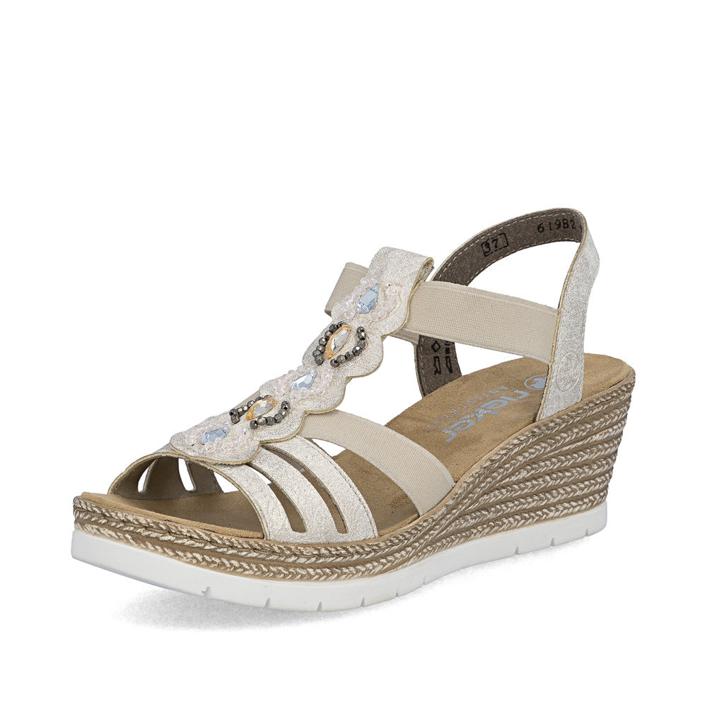 Rieker 619B2-60 Beige Gold F 1/2 Fit Wedge Slingback Sandals