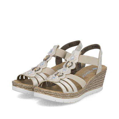 Rieker 619B2-60 Beige Gold F 1/2 Fit Wedge Slingback Sandals