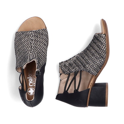 Rieker 64697-00 Black & Sand Block Heel Sandals