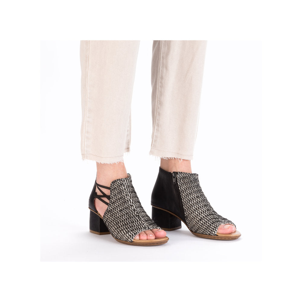 Rieker 64697-00 Black & Sand Block Heel Sandals