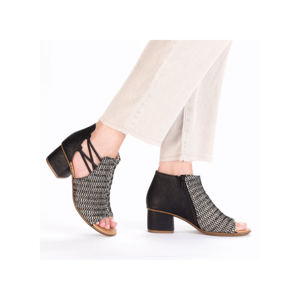 Rieker 64697-00 Black & Sand Block Heel Sandals