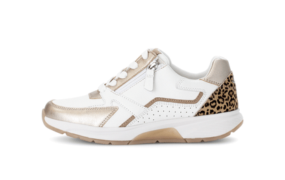 Gabor Rollingsoft 66.878.53 White & Gold Sneakers with Zip & Lace with Leopard/Cheetah Heel
