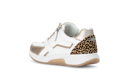 Gabor Rollingsoft 66.878.53 White & Gold Sneakers with Zip & Lace with Leopard/Cheetah Heel