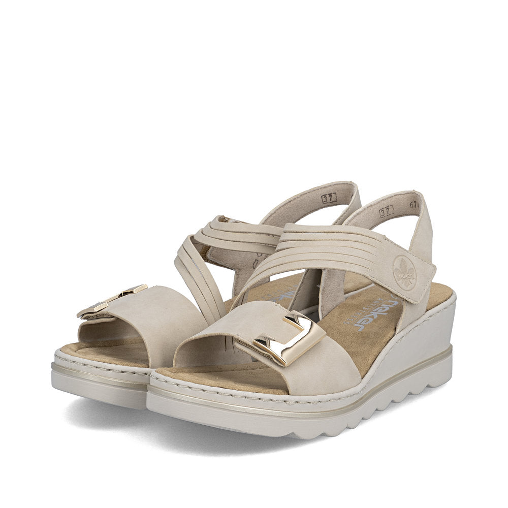 Rieker 67410-62 Ginger Beige F 1/2 Fit Wedge Sandals with Slingback Strap