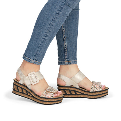 Rieker 68172-60 Beige Combi F 1/2 Fit Wedge Sandals