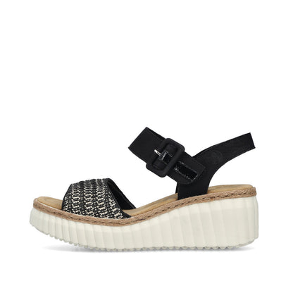 Rieker 69176-00 Black Wedge Sandals with Slingback Strap