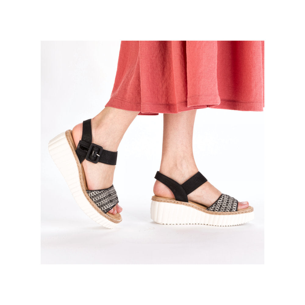 Rieker 69176-00 Black Wedge Sandals with Slingback Strap