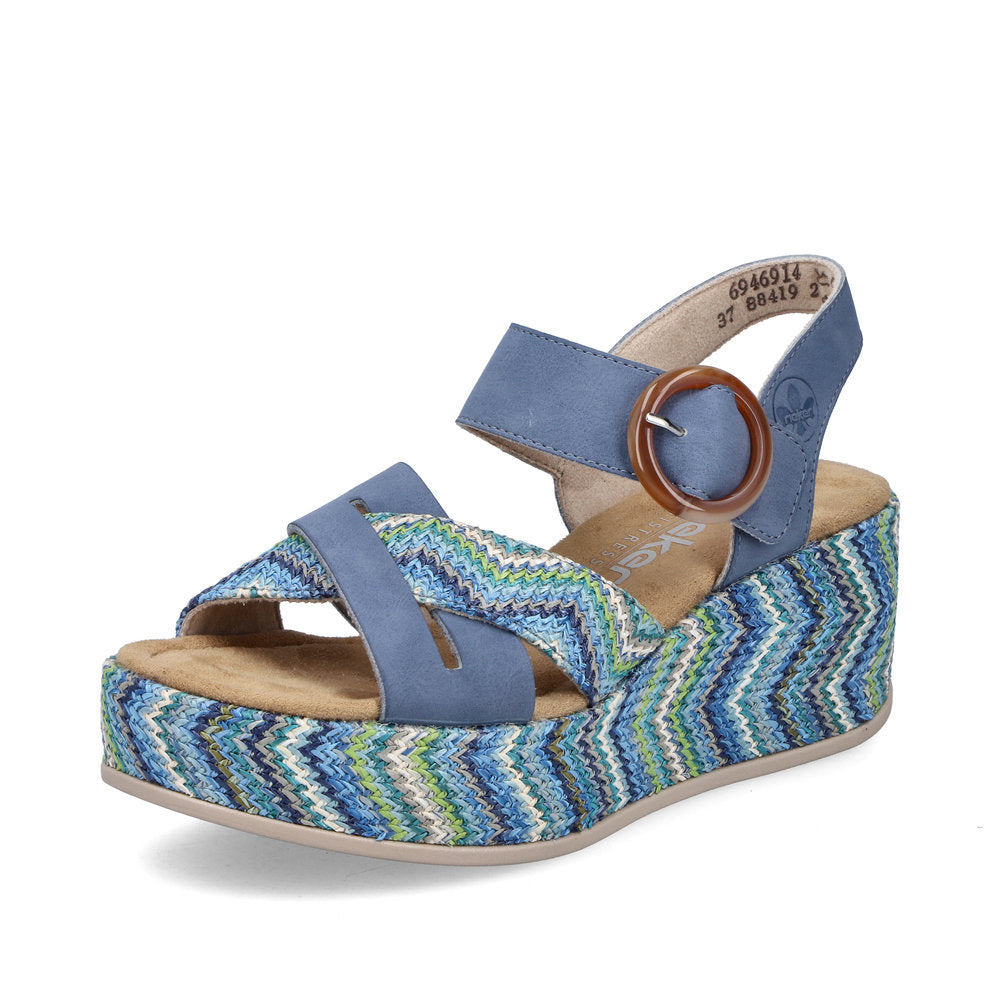 Rieker 69469-14 Indigo Blue Multi F 1/2 Fit Wedge Slingback Sandals