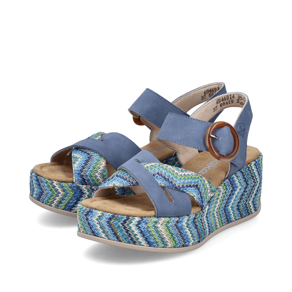 Rieker 69469-14 Indigo Blue Multi F 1/2 Fit Wedge Slingback Sandals