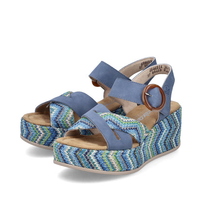 Rieker 69469-14 Indigo Blue Multi F 1/2 Fit Wedge Slingback Sandals