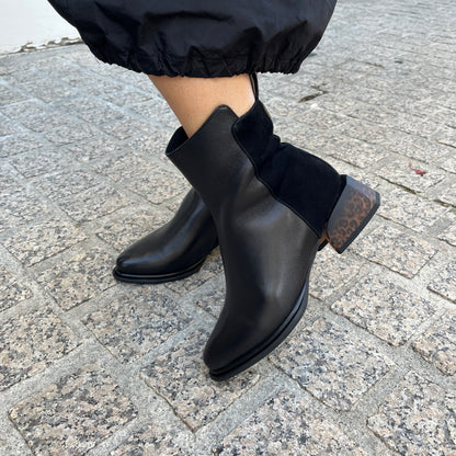 Loretta Vitale C4605 Black Leather & Suede Leopard Print Heel Ankle Boots