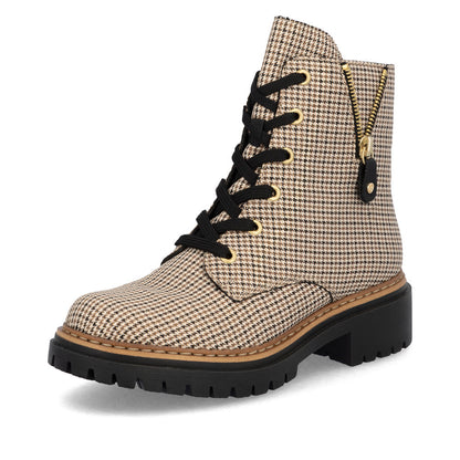 Rieker 72617-60 Houndstooth Beige & Black Combi Lace Ankle Boots