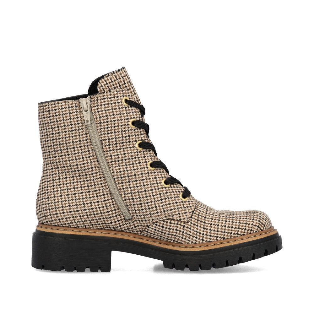 Rieker 72617-60 Houndstooth Beige & Black Combi Lace Ankle Boots