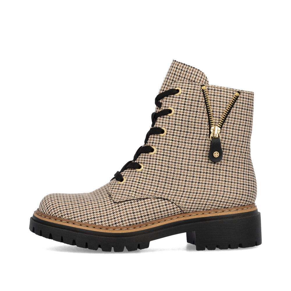 Rieker 72617-60 Houndstooth Beige & Black Combi Lace Ankle Boots