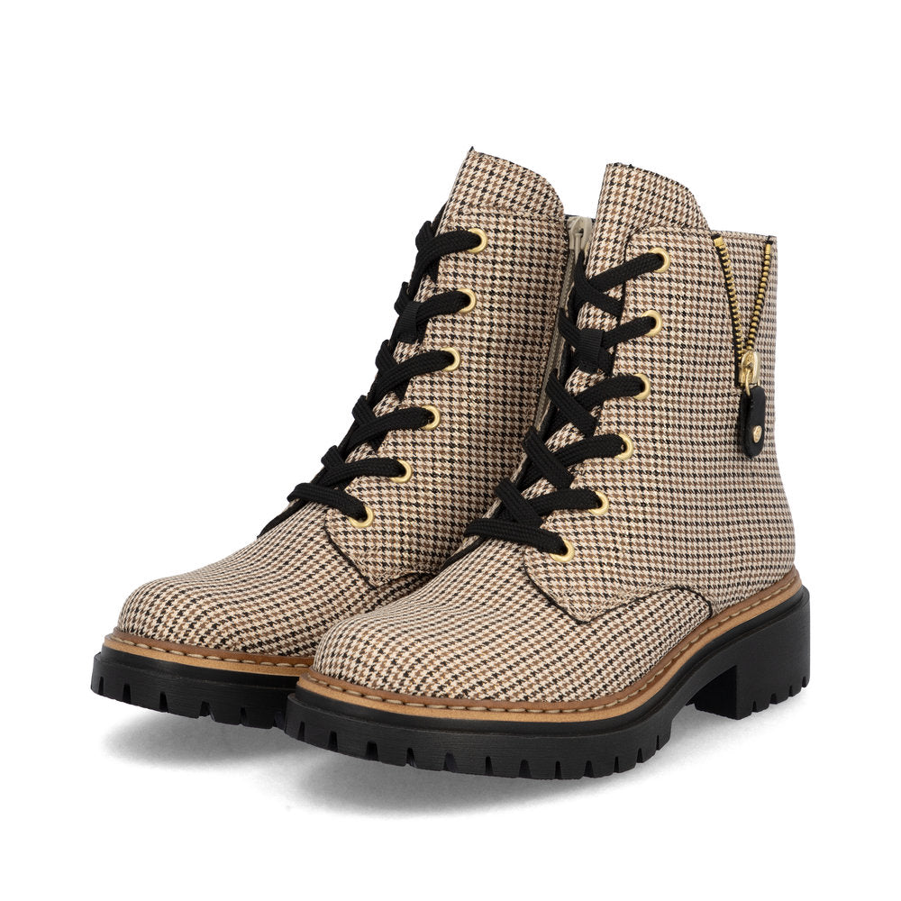 Rieker 72617-60 Houndstooth Beige & Black Combi Lace Ankle Boots