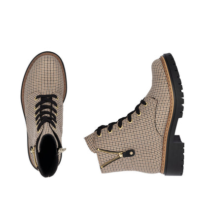 Rieker 72617-60 Houndstooth Beige & Black Combi Lace Ankle Boots