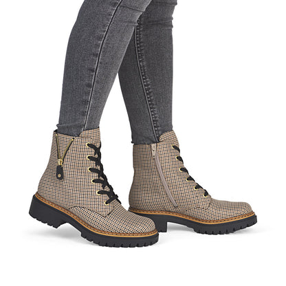 Rieker 72617-60 Houndstooth Beige & Black Combi Lace Ankle Boots