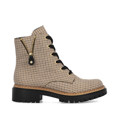 Rieker 72617-60 Houndstooth Beige & Black Combi Lace Ankle Boots