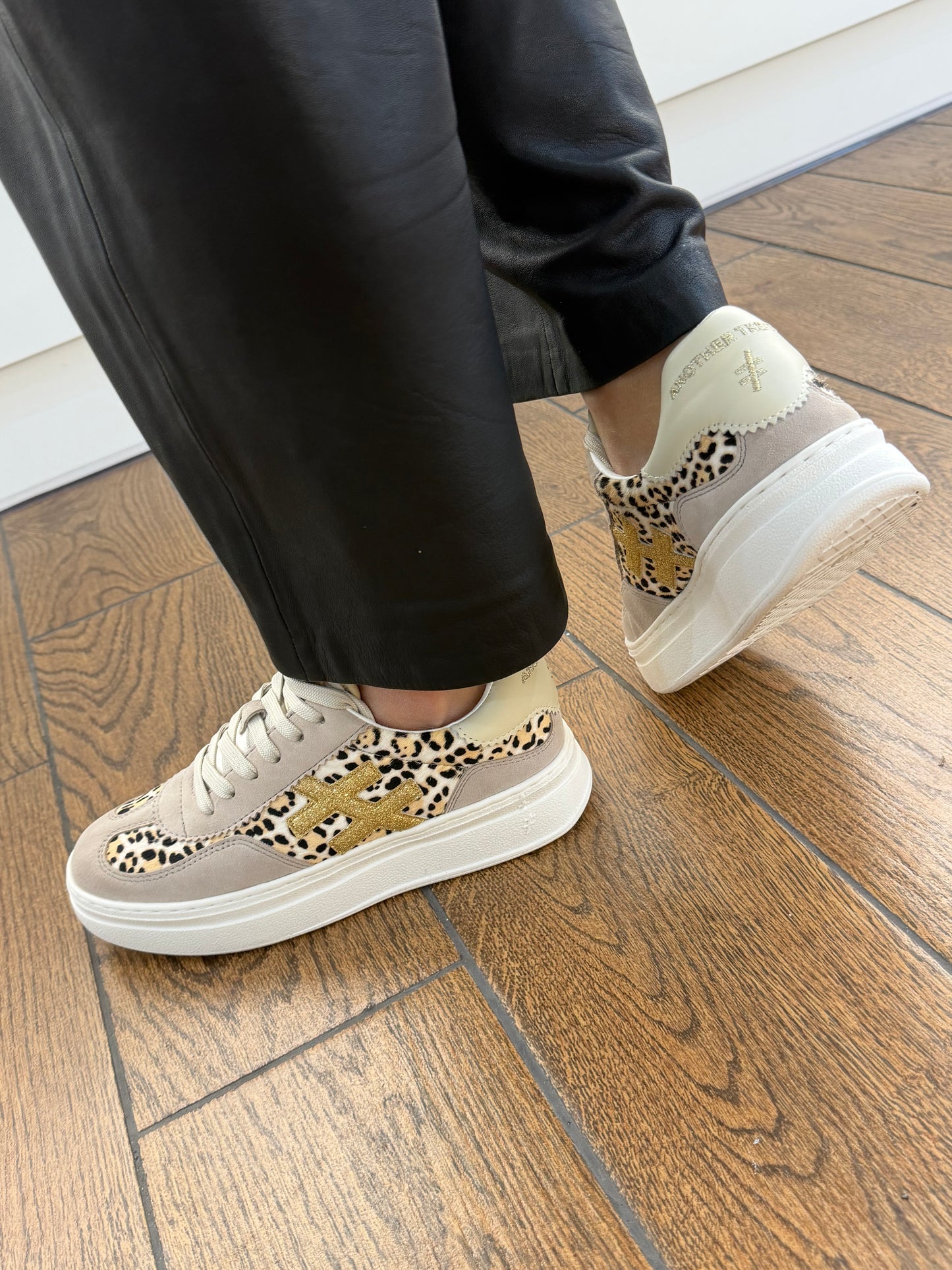 Another Trend A035C253 Off White & Leopard Print Thick Sole Trainers