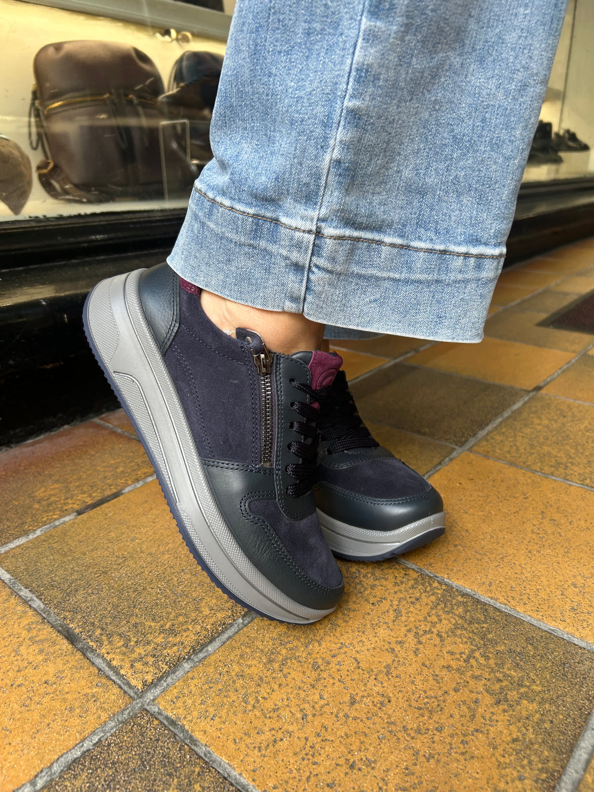 Ara 12-27540 22 Sapporo 3.0 Navy Blue & Merlot Red H Fit Sneakers with Zip