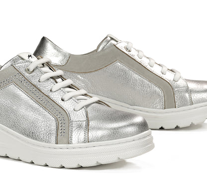 Fluchos F1997 Alumin Plata Silver Lace Shoes with White Sole & Side Studs