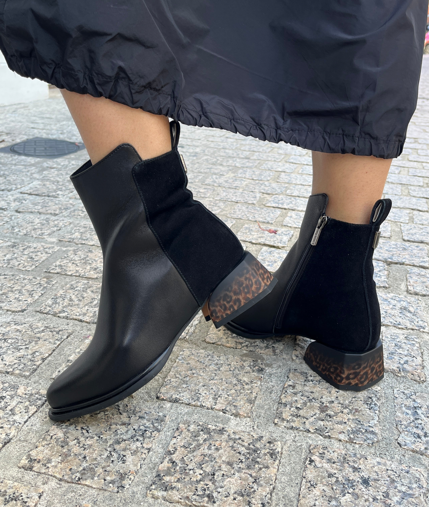Loretta Vitale C4605 Black Leather & Suede Leopard Print Heel Ankle Boots